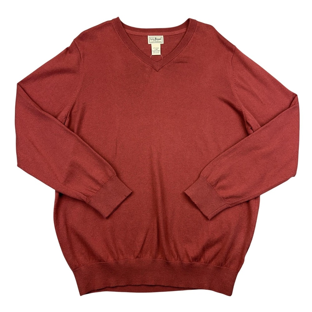 L.L. Bean Sweater Mens Large Antique Red Cotton Cashmere V-Neck Pullover